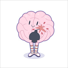 A vector outlined flat cartoon illustration of a brain  wearing knee-length striped socks holding the bomb in its hands, the metaphor of patience