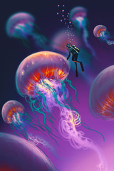 big jellyfishes and diver in fantasy underwater,illustration © grandfailure