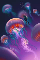 Fototapeten big jellyfishes and diver in fantasy underwater,illustration © grandfailure