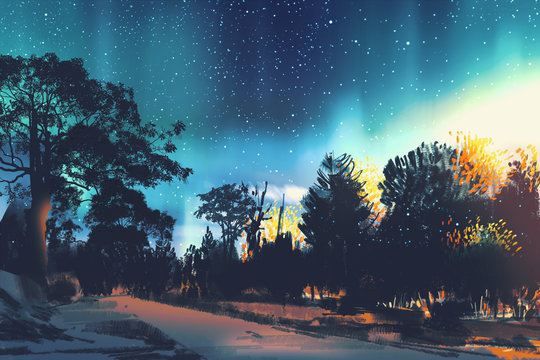 star field above the trees in forest,night scenery,illustration