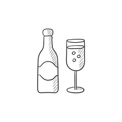 Champagne bottle and two glasses sketch icon