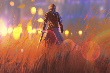 Fototapeta premium knight warrior standing with sword in field,illustration painting