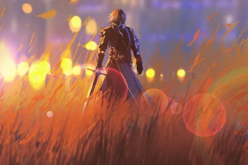 Tuinposter knight warrior standing with sword in field,illustration painting © grandfailure