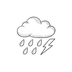 Cloud with rain and lightning bolt sketch icon