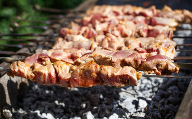 Cooking meat on the fire.