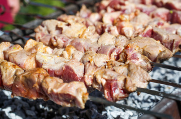 Cooking meat on the fire.