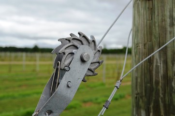 Tension gear for holding poles and wires in the vineyard