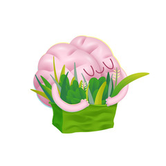 Feed your brain  - a vector  cartoon illustration of enjoining brain hugging a bag of greens. Part of a Brain collection.