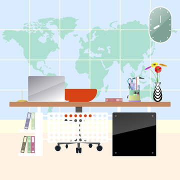 Illustration of flat modern workplace in room. Creative office workspace with map background.