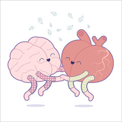 Obraz na płótnie Canvas Pajama party - the outlined vector illustration of a brain and a heart wearing pajamas jumping together holding their hands. A part of Brain collection.