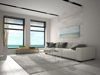 Naklejka na ściany i meble Interior of modern design room with sea view 3D rendering