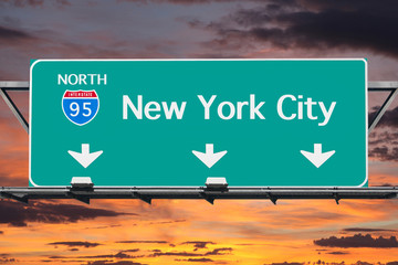 Interstate 95 to New York City Highway Sign with Sunrise Sky