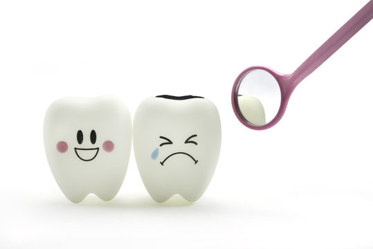 Tooth smile and cry emotion with dental mirror on white background.