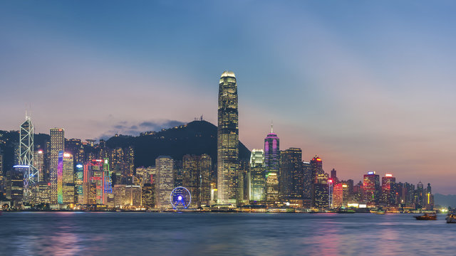 Panorama of Victoria Harbor in Hong Kong at dusk