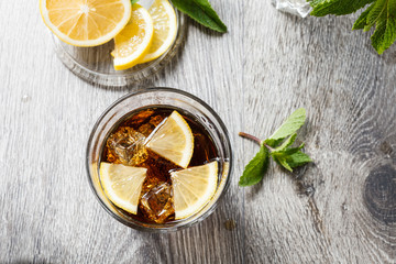 The cooling drink with ice, lemon and mint.