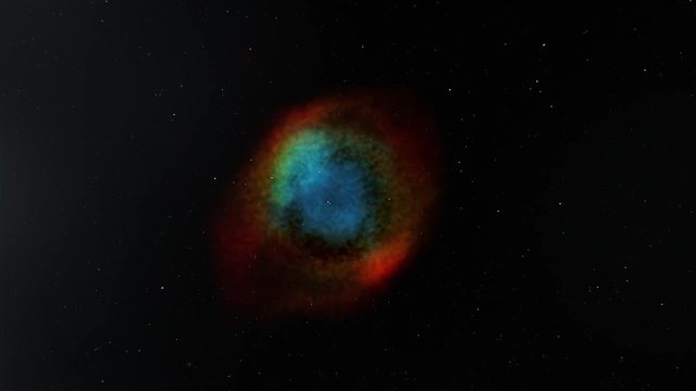 Animation showing an interstellar flight towards the Cat Eye nebula in Milky Way
