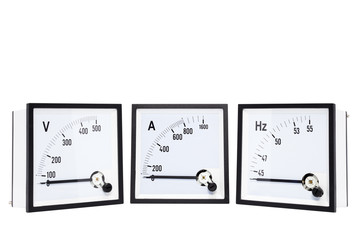 Analog voltmters,ammeters,hertz meter(Hz.)isolated on white background.
