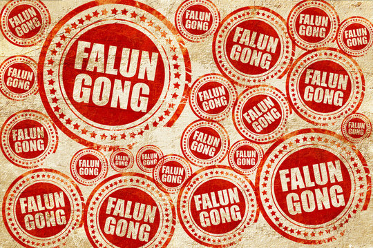 Falun gong, red stamp on a grunge paper texture