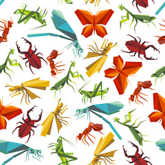 Colorful insects seamless pattern in origami style