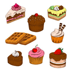 Colored sketches of cakes, cupcakes and waffles