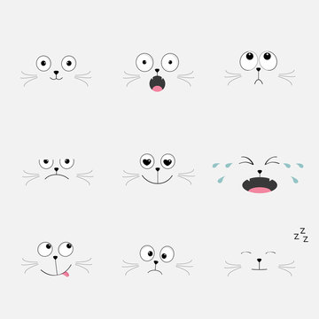 Cute cat head set. Funny cartoon characters. Different emotions faces collection. Expression face icons. Crying, happy, smiling, snoring, sad, angry kitten. Cat feelings. Isolated. Flat