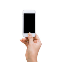 Isolated female hand holding a phone with white screen on white clipping path inside.