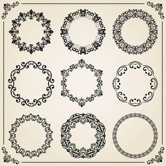 Vintage set of elements. Different vector round elements for decoration and design frames, cards, menus, backgrounds and monograms. Collection of floral ornaments