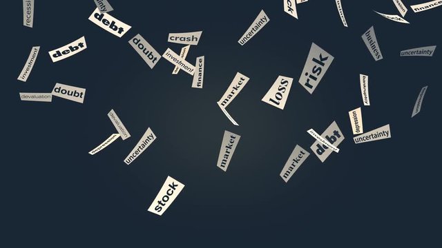 scraps of paper with words about financial crisis falling from above, dark background (3d render) - alpha mask