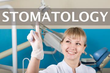 technology, internet and networking in medicine concept - medical doctor presses stomatology button...
