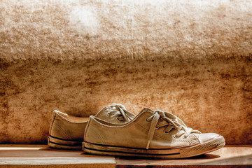 Old Canvas Sneakers / Two Old Canvas Shoes Image With Brown Background.