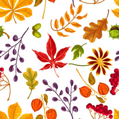 Fototapeta na wymiar Seamless pattern with autumn leaves and plants. Background easy to use for backdrop, textile, wrapping paper