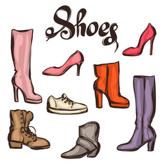 Set of various shoes. Hand drawn illustration female footwear, boots and stiletto heels