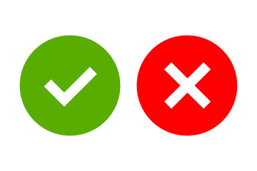 Obraz premium Tick and cross signs. Green checkmark OK and red X icons, isolated on white background. Simple marks graphic design. Circle shape symbols YES and NO button for vote, decision, web. Vector illustration