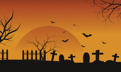 Fototapeta na wymiar Silhouette of Halloween grave and bat