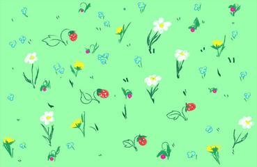seamless pattern with field flowers and strawberry