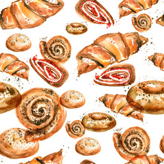 Vintage watercolor pattern of pastry, muffin, croissant, roll, cake
