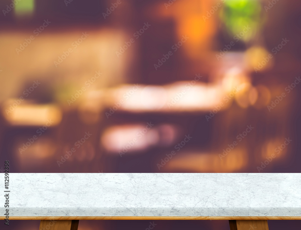 Poster empty white marble table and blurred cafe bokeh light background