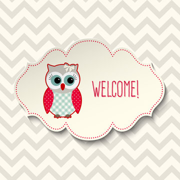 Cute owl with text welcome, illustration
