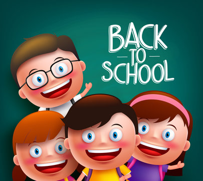 Classmates kids vector characters with smart happy faces for back to school with backpacks in a chalkboard background. Vector illustration
