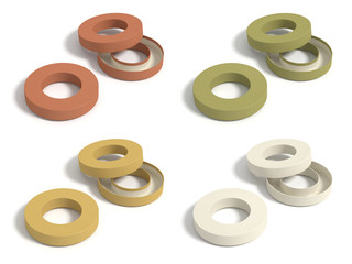 A doughnut-shaped package. Four color variations.