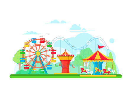 Amusement park concept with ferris wheel and carousels. Vector illustration in flat style