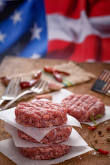 Raw Ground beef meat Burger patties at picnic table