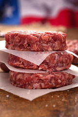 Raw Ground beef meat Burger patties at picnic table