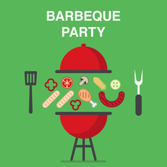 BBQ illustration with chicken legs, salmon and meat steaks, sausages and vegetables.