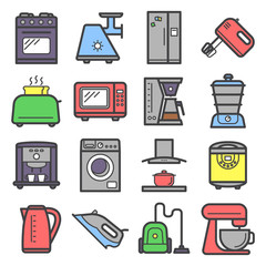 Line art colored icons of home appliances and kitchen electronics devices.