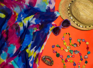 Stylish summer beach accessories. Vacation mood.