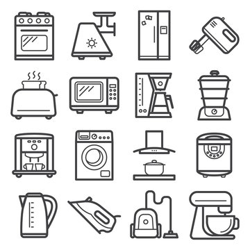 Line art icons of home appliances and kitchen electronics devices.