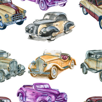 retro cars. seamless background. watercolor illustration