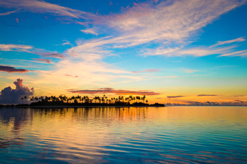 Dark silhouettes of palm trees and amazing cloudy sky at sunset