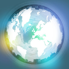 Circle panorama of urban city skyline and world map, abstract image visual